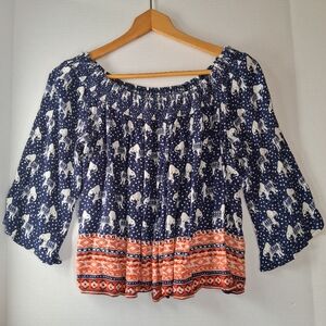 BCNU Navy and Red On Off‎ Shoulder Elephant Novelty Print Boho Peasant Blouse